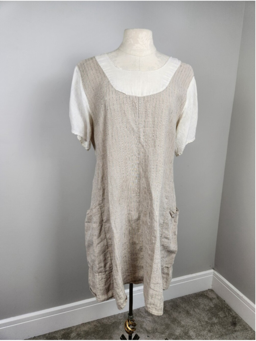 VTG FLAX Jeanne Engelhart Linen Dress Oversized Textured Lagenlook Pockets Sz M